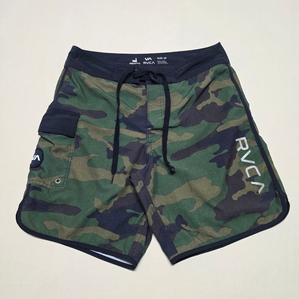RVCA Industry Men Size 29 Green Camouflage Board Shorts Swim Trunks Drawstring